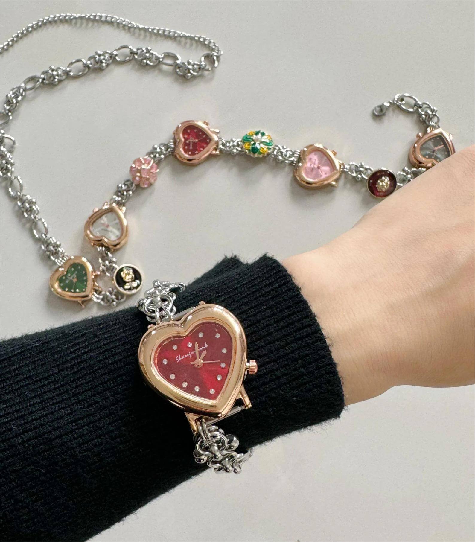 Retro heart watch waist chain belt bracelet set: A vintage-inspired silver-toned chain ensemble featuring a functional miniature heart-shaped watch, worn as a waist chain, belt accessory, and wrist bracelet, showcasing a romantic 90s Y2K aesthetic with delicate craftsmanship.
