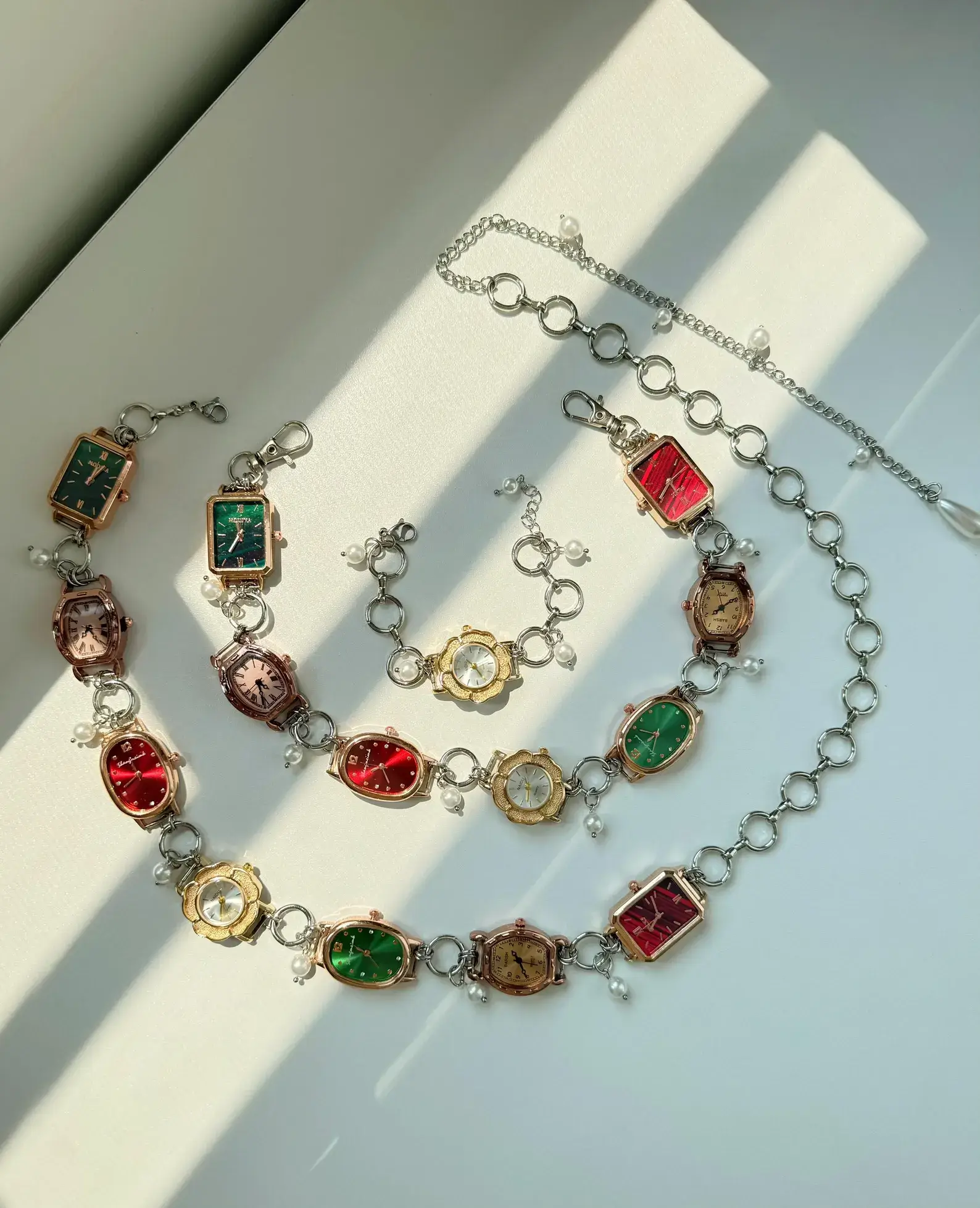 Watch belly chain for women: A delicate adjustable waist jewelry set featuring a functional miniature watch on a dainty silver chain, worn as a belly chain or waist chain around the hips, showcasing a boho-chic, festival-ready look with romantic elegance.