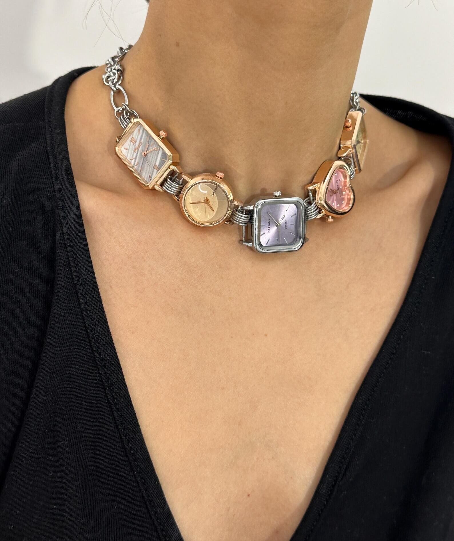 Boho Handmade Pearl Silver Punk Watch Necklace stylish watch choker necklace