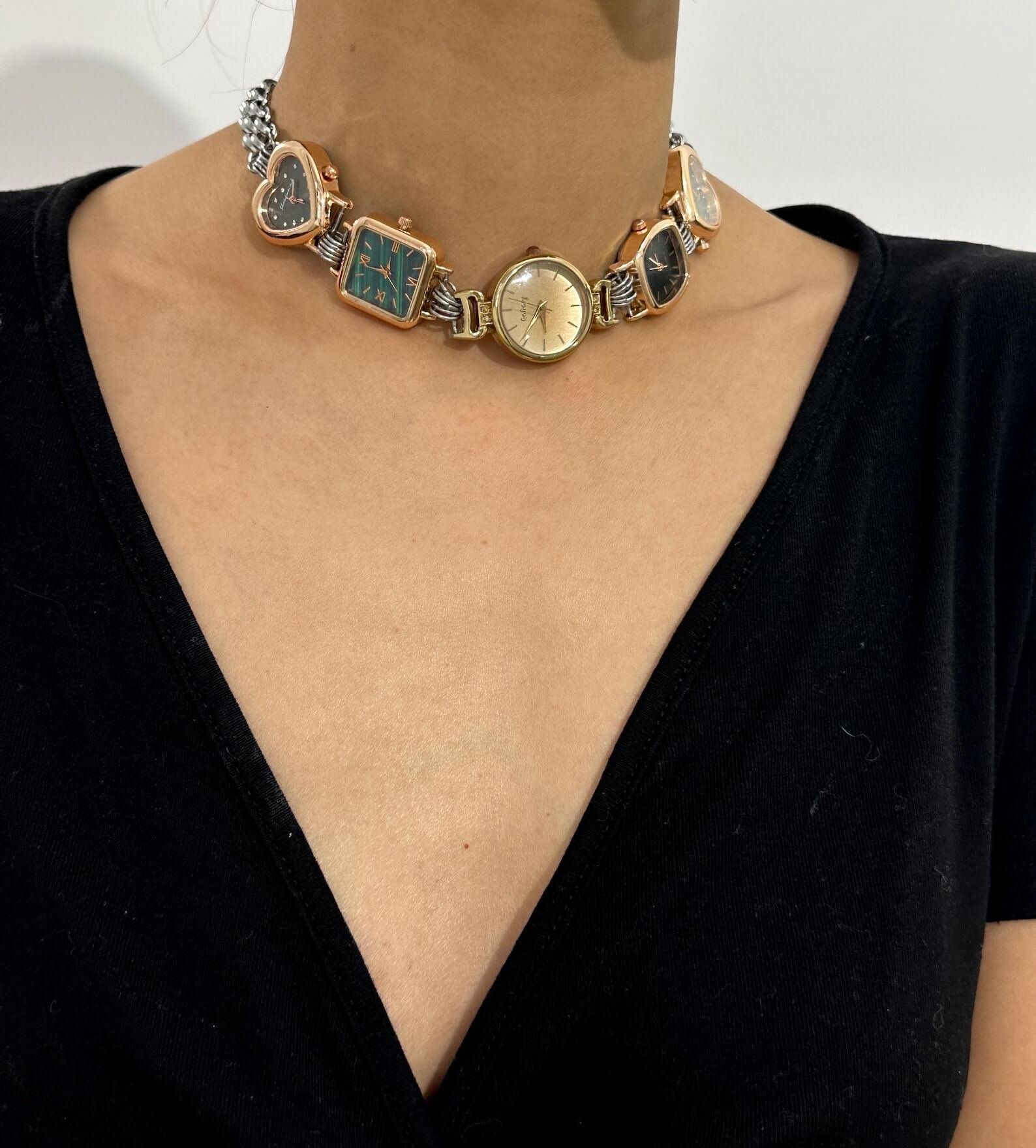 Boho Handmade Pearl Silver Punk Watch Necklace stylish watch choker necklace