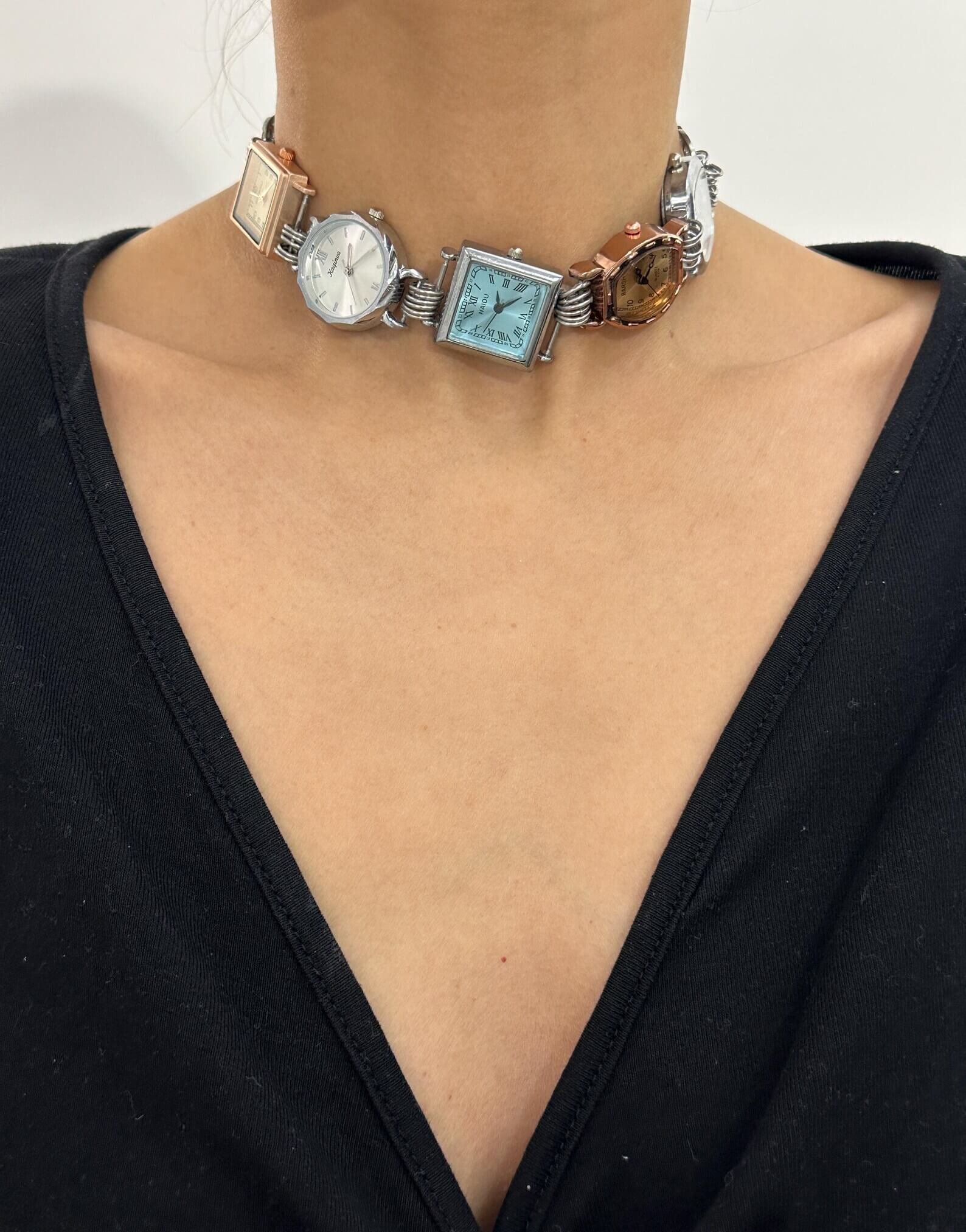 Boho Handmade Pearl Silver Punk Watch Necklace stylish watch choker necklace