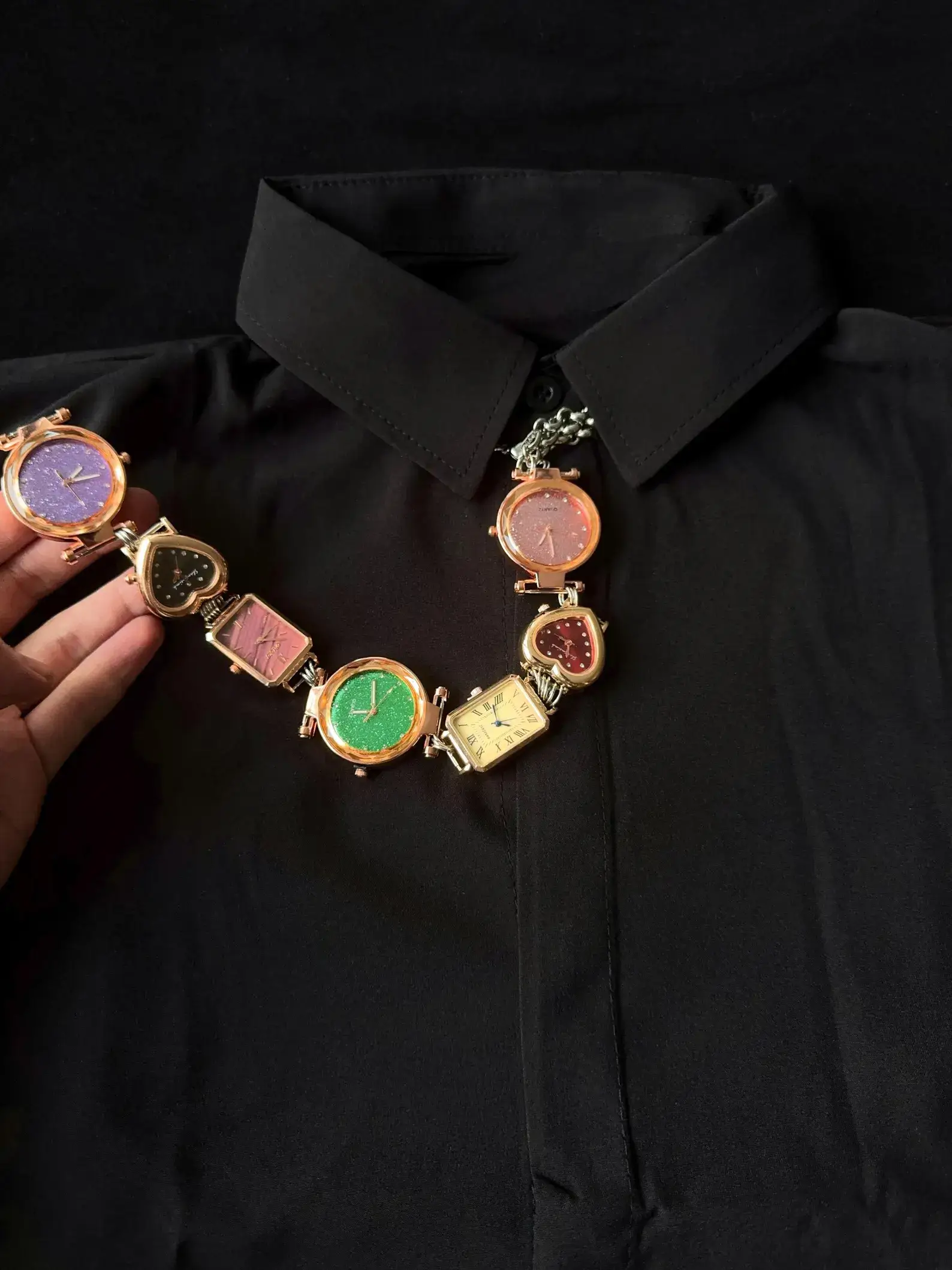 Y2K handmade celebrity watch necktie: A retro-inspired accessory featuring a functional mini watch on a stylish chain, designed to be worn around the neck, capturing the essence of early 2000s fashion with a celebrity touch.