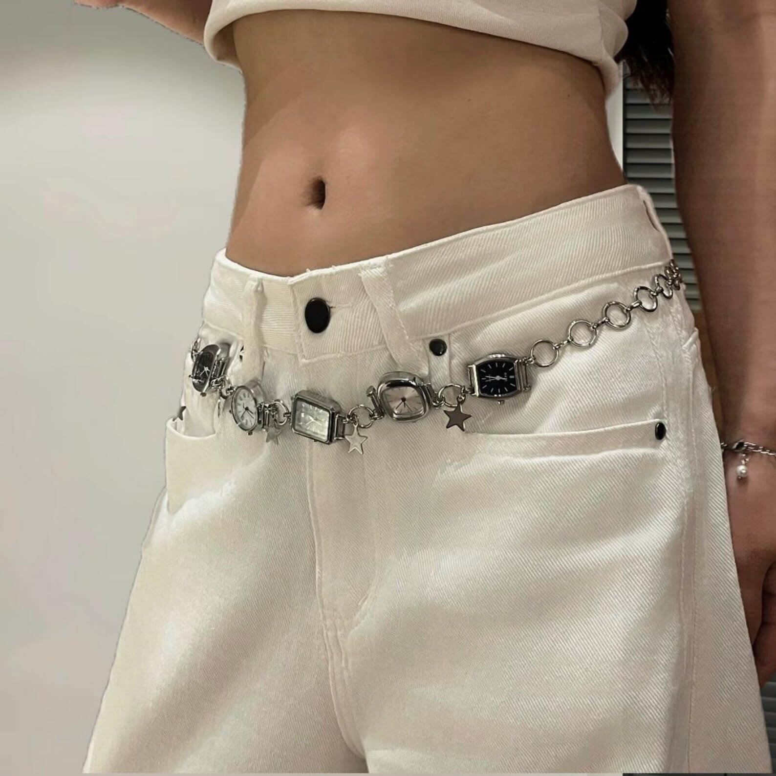 Silver cyberpunk pants chain for streetwear by Dua Lipa