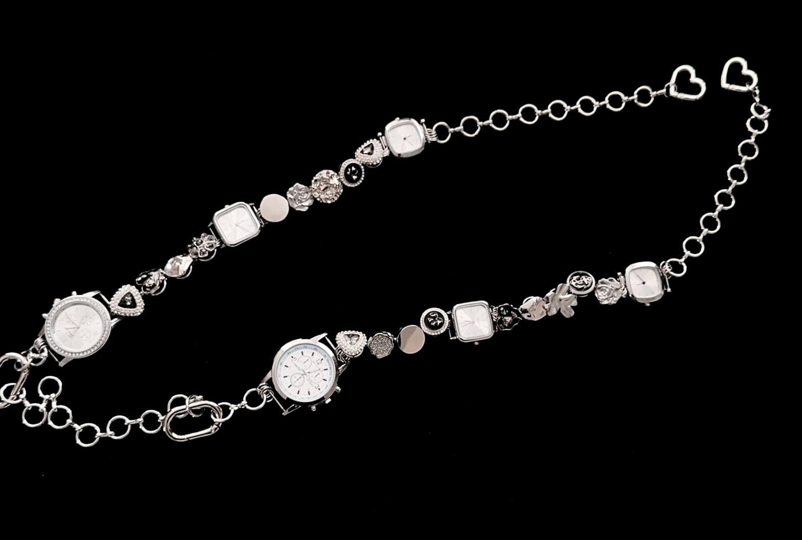 Steampunk silver watch bag chain styled by G-Dragon