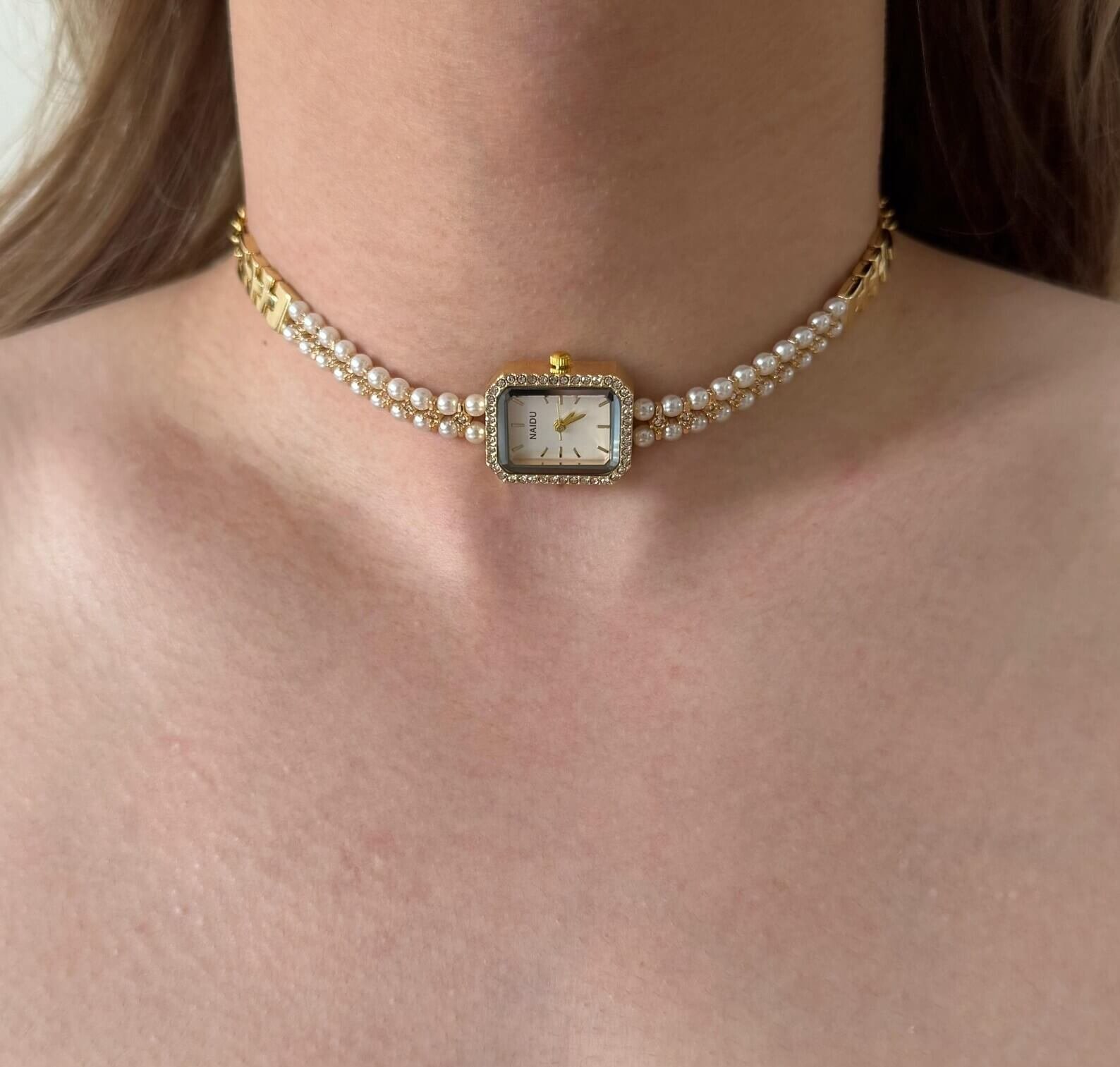 Elegant Handmade Pearl Watch Necklace stylish watch choker necklace