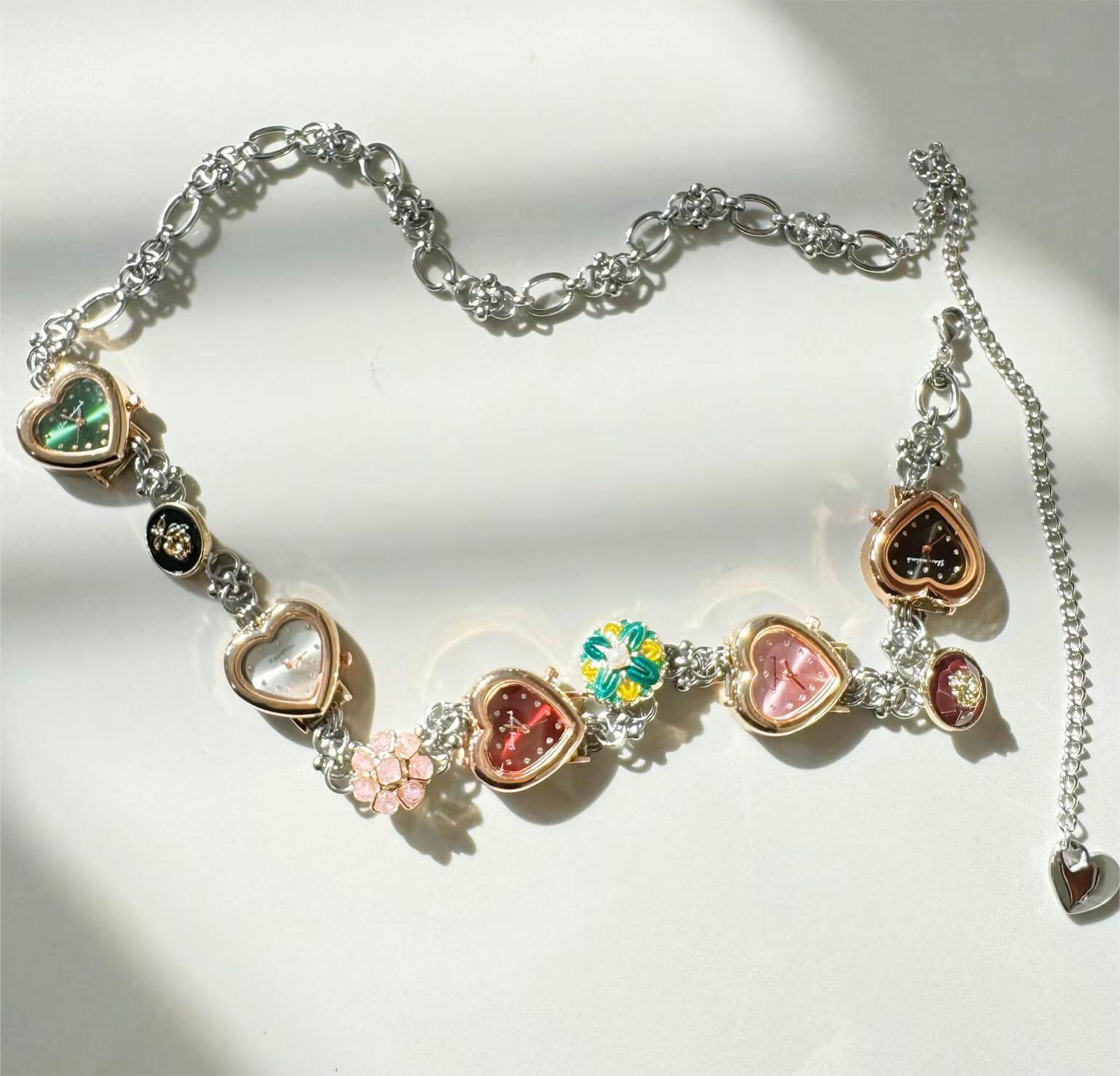 Retro heart watch waist chain belt bracelet set: A vintage-inspired silver-toned chain ensemble featuring a functional miniature heart-shaped watch, worn as a waist chain, belt accessory, and wrist bracelet, showcasing a romantic 90s Y2K aesthetic with delicate craftsmanship.