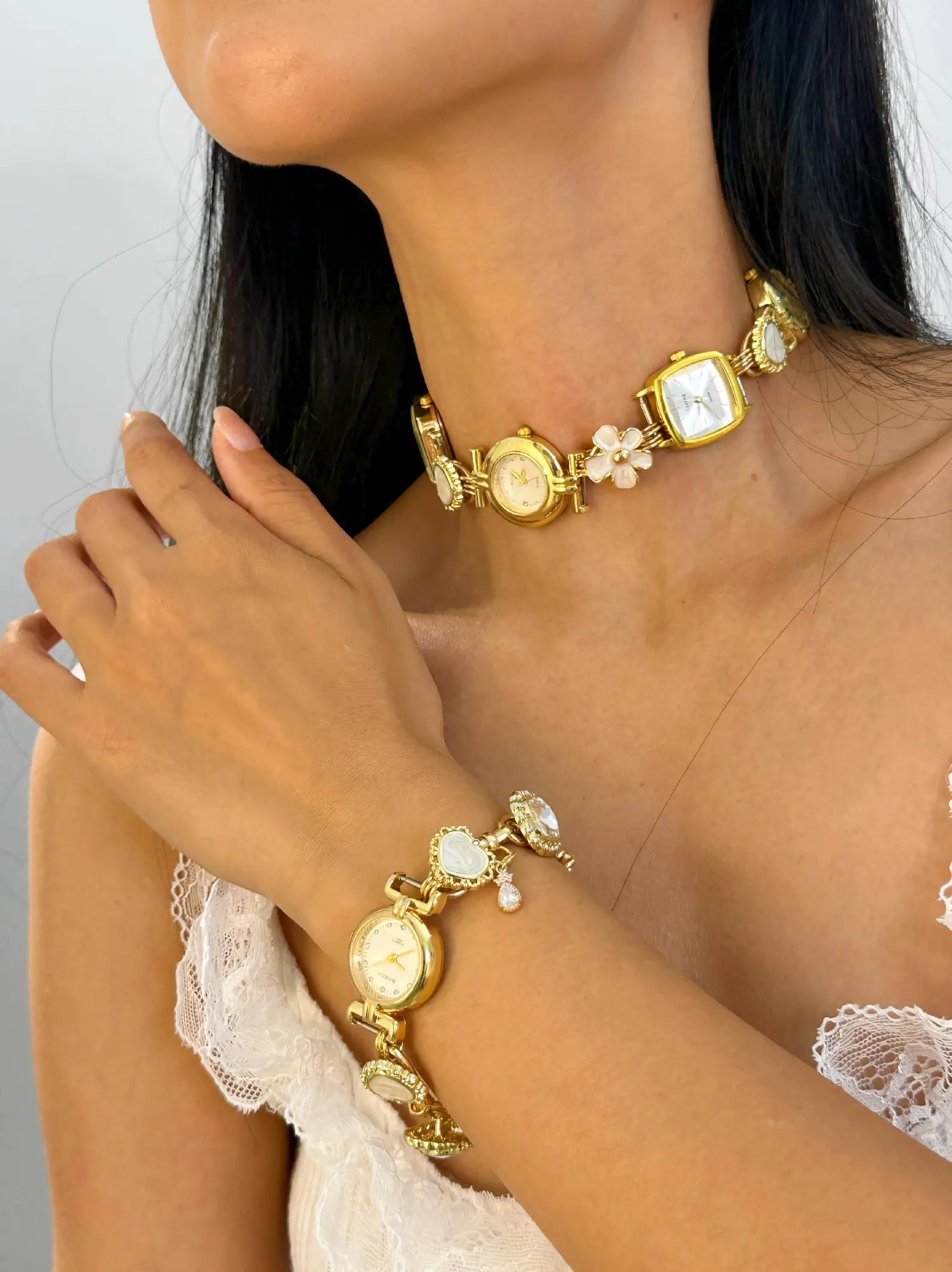 Elegant Pearl Crystal Handmade Neon Cyber Watch Pendant Necklace stylish watch choker necklace