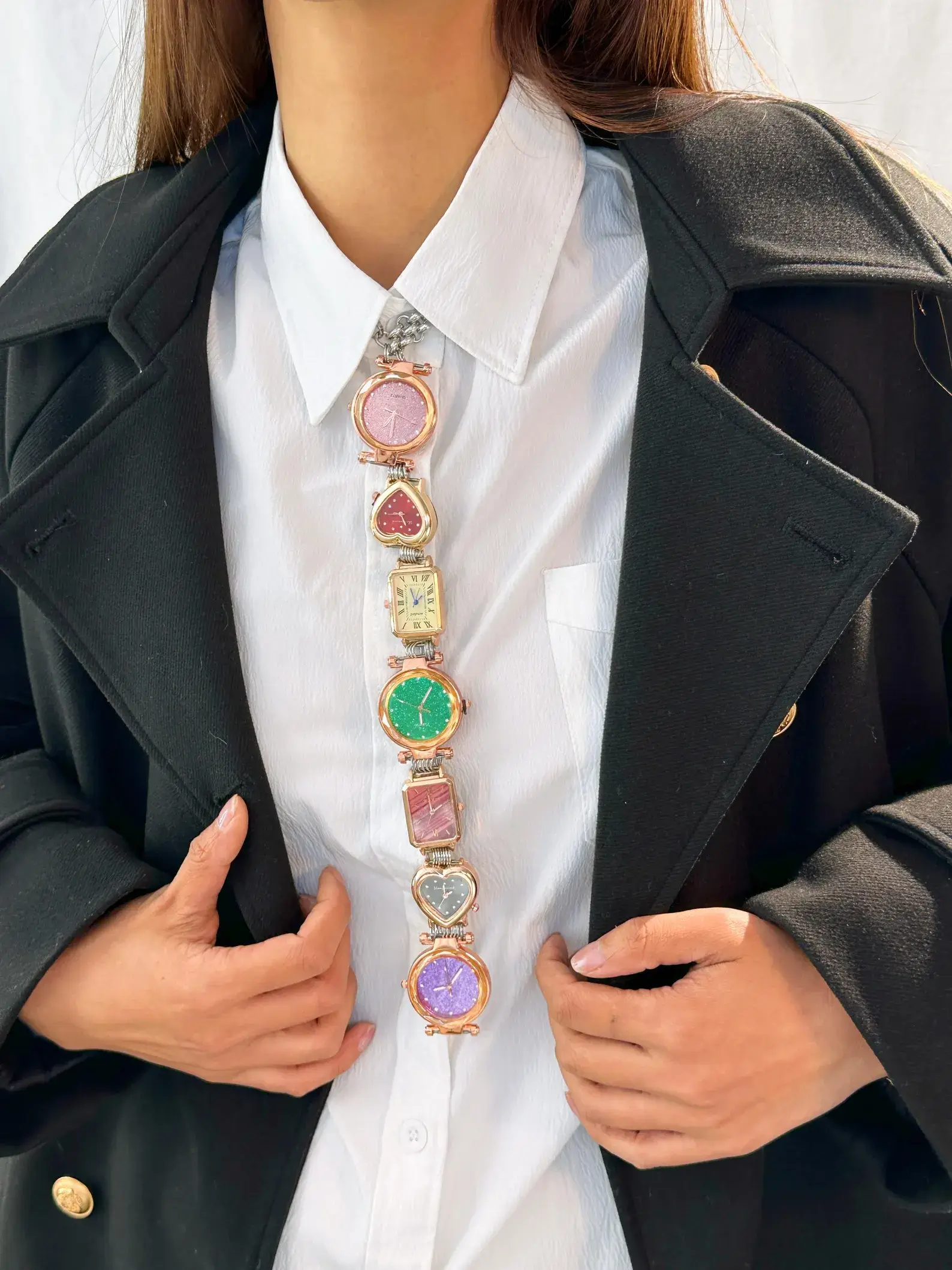 Y2K handmade celebrity watch necktie: A retro-inspired accessory featuring a functional mini watch on a stylish chain, designed to be worn around the neck, capturing the essence of early 2000s fashion with a celebrity touch.