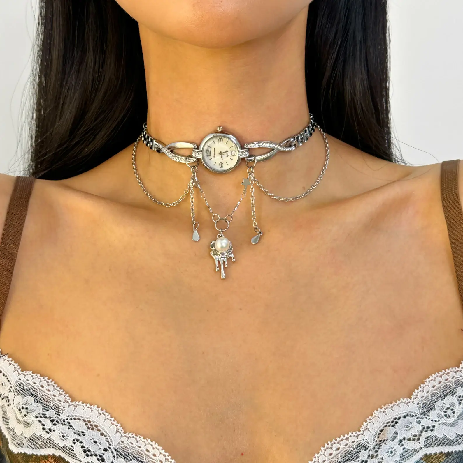 Trendy Y2K Neon Cyberpunk Punk Handmade Multi-layer Watch Necklace stylish watch choker necklace