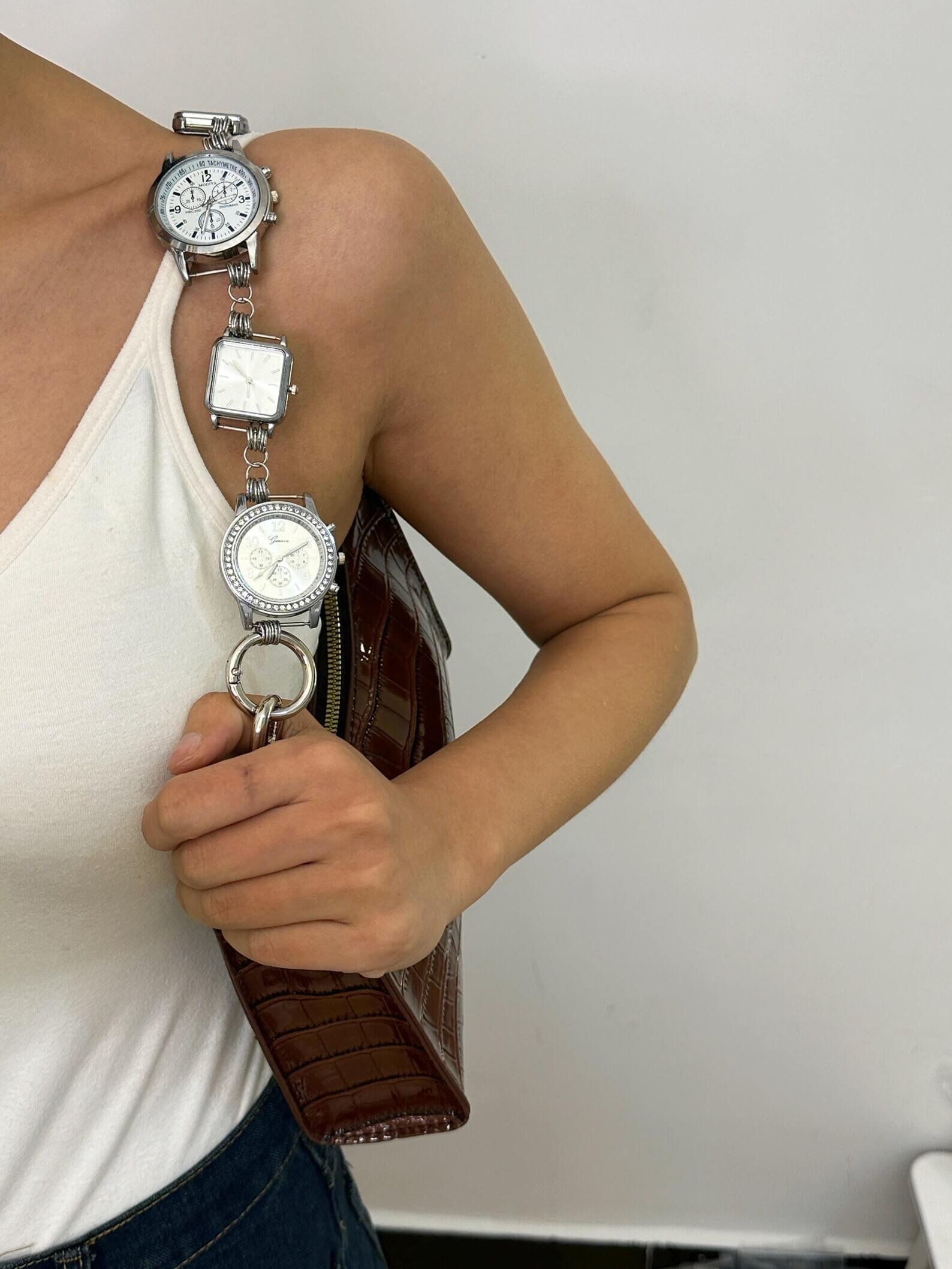 Minimalist silver bag chain styled by Hailey Bieber