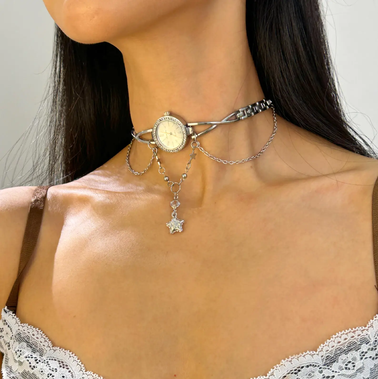Trendy Y2K Neon Cyberpunk Punk Handmade Multi-layer Watch Necklace stylish watch choker necklace