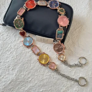 Minimalist stainless steel watch bag chain styled by Hailey Bieber
