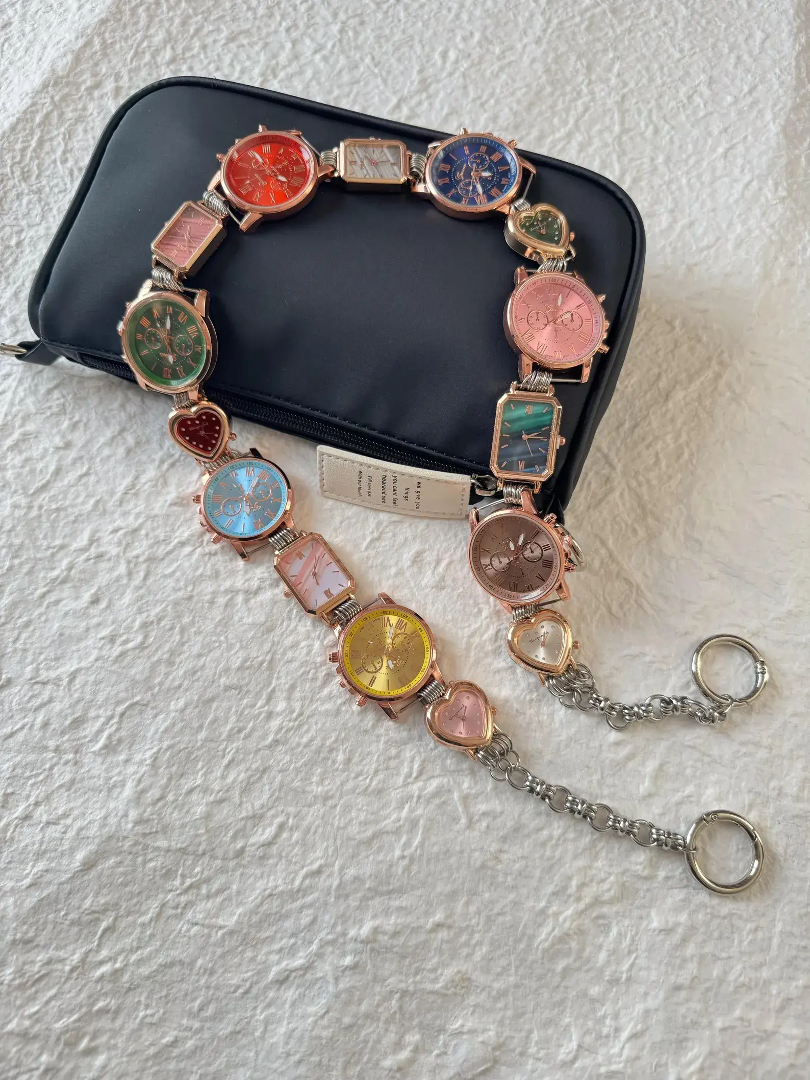 Minimalist stainless steel watch bag chain styled by Hailey Bieber