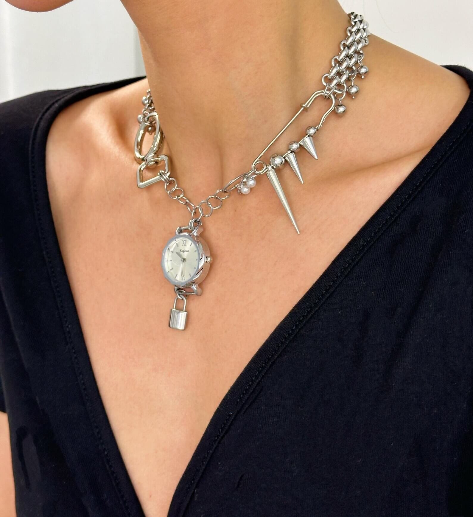 Classic Silver Punk Crystal Watch Pendant Necklace stylish watch choker necklace