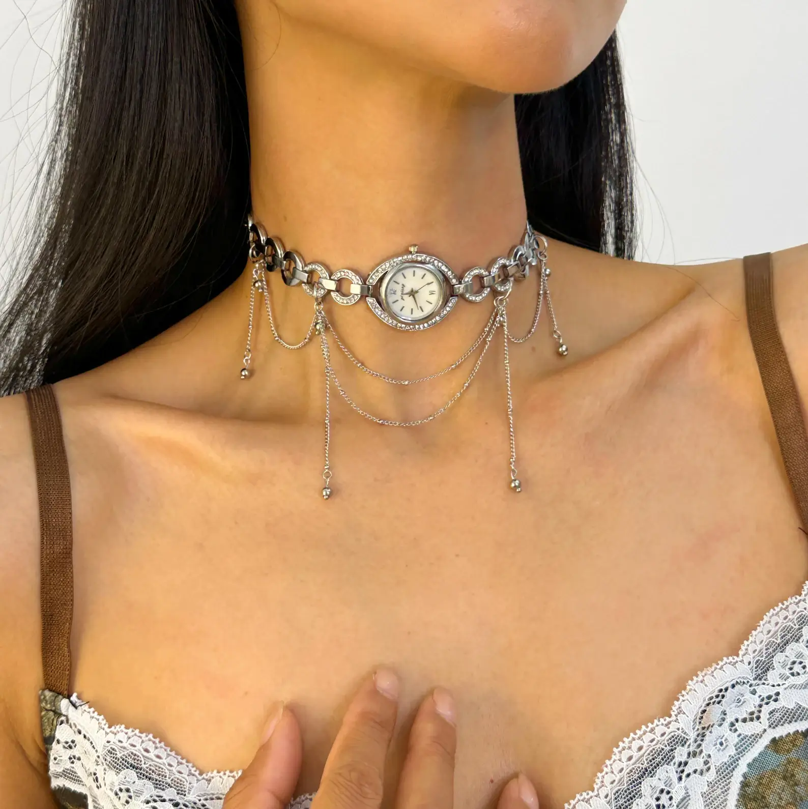 Trendy Y2K Neon Cyberpunk Punk Handmade Multi-layer Watch Necklace stylish watch choker necklace