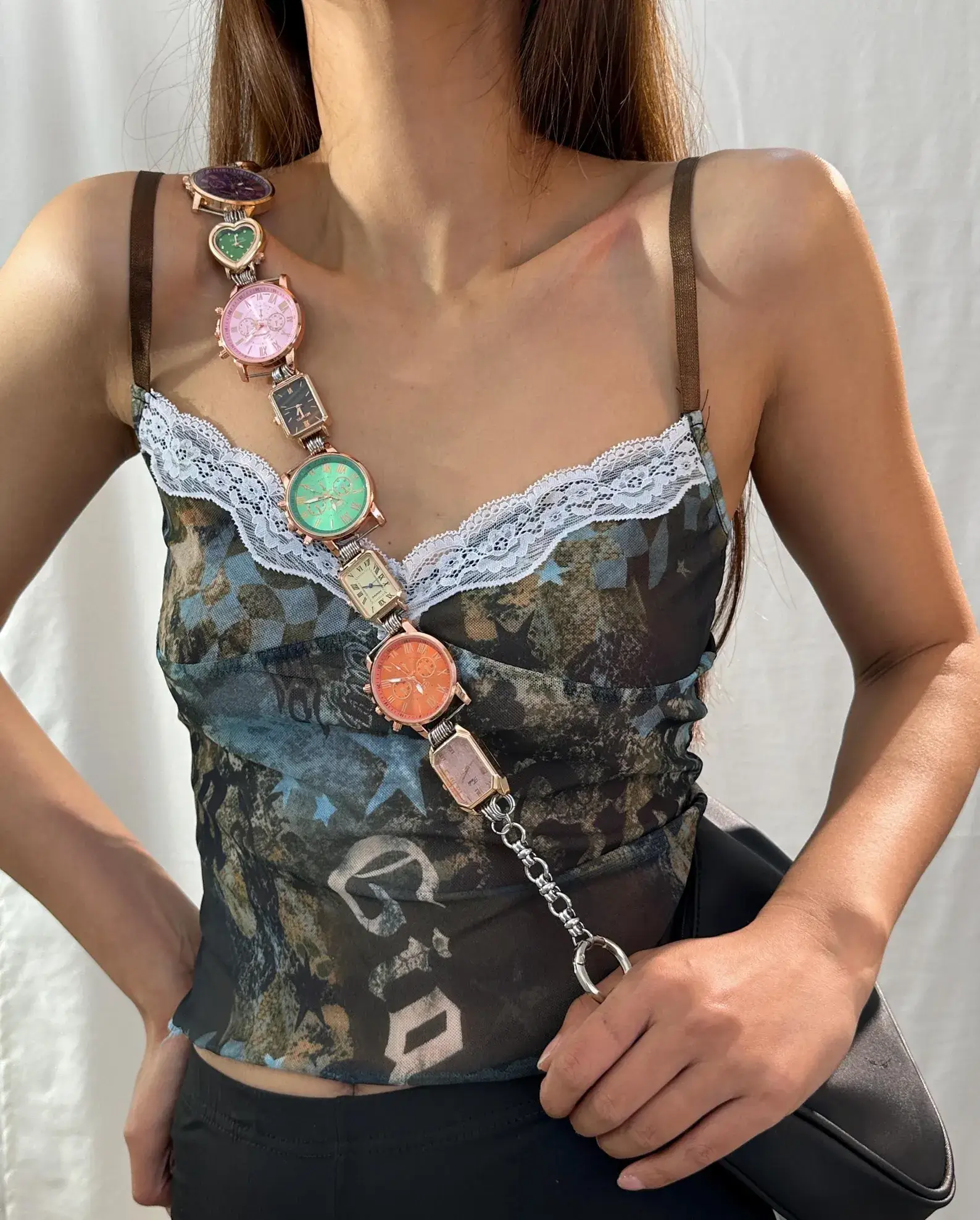 Gothic black chrome watch bag chain styled by BLACKPINK