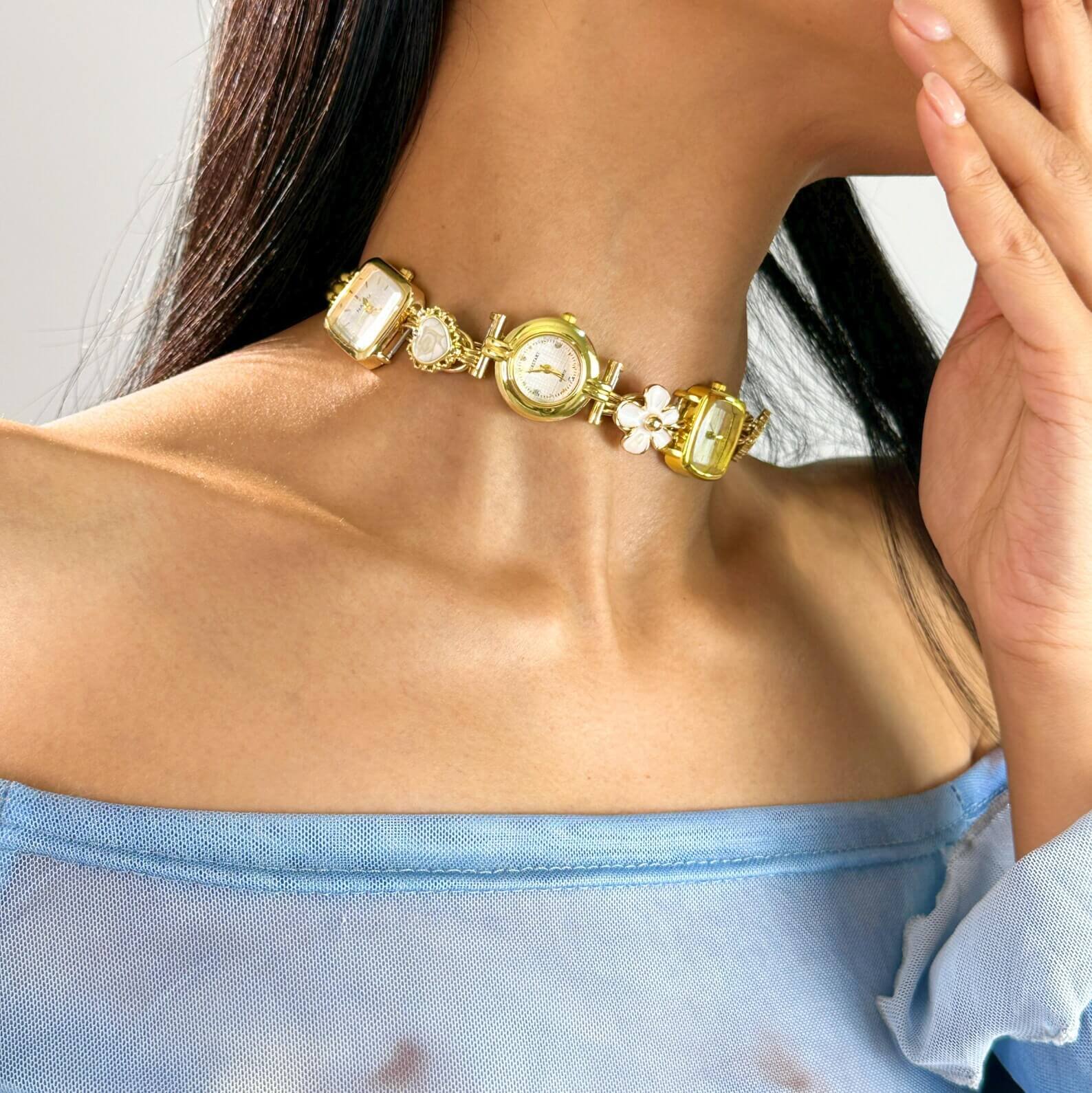 Elegant Pearl Crystal Handmade Neon Cyber Watch Pendant Necklace stylish watch choker necklace