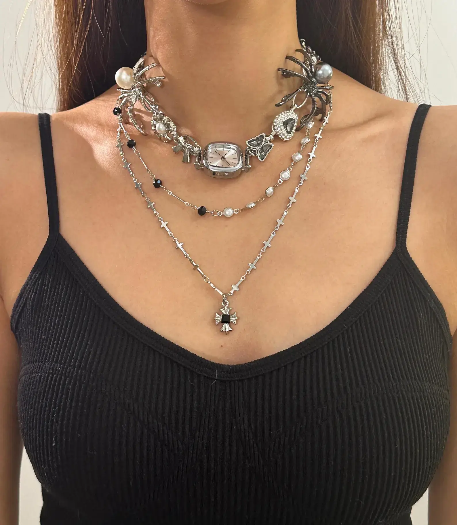 Celebrity Inspired Chrome Watch Pendant stylish watch choker necklace