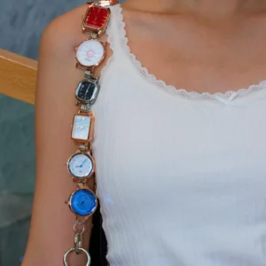 Alternative Fashion Titanium Watch Bag Chain – edgy, sleek metallic chain with watch-inspired design, worn as a bold handbag charm or hip chain accessory.