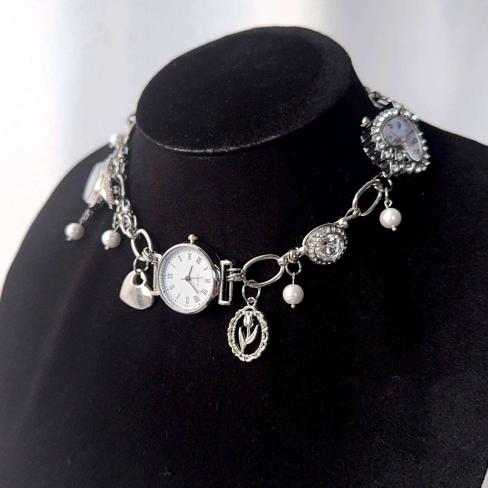 Elegant Pearl Crystal Handmade Watch Pendant stylish watch choker necklace