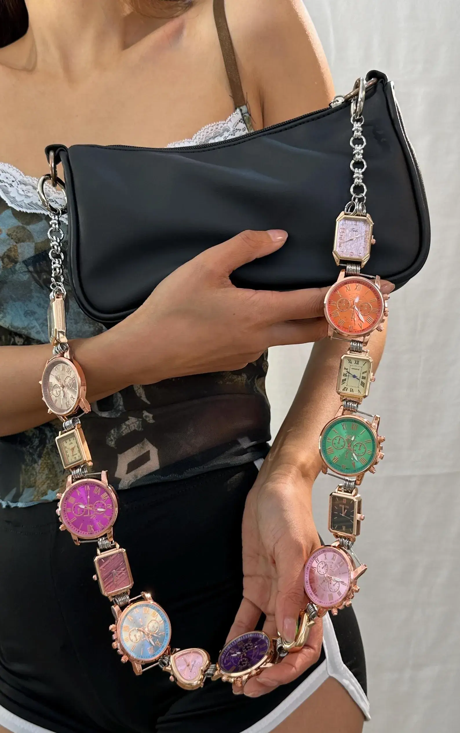 Gothic black chrome watch bag chain styled by BLACKPINK