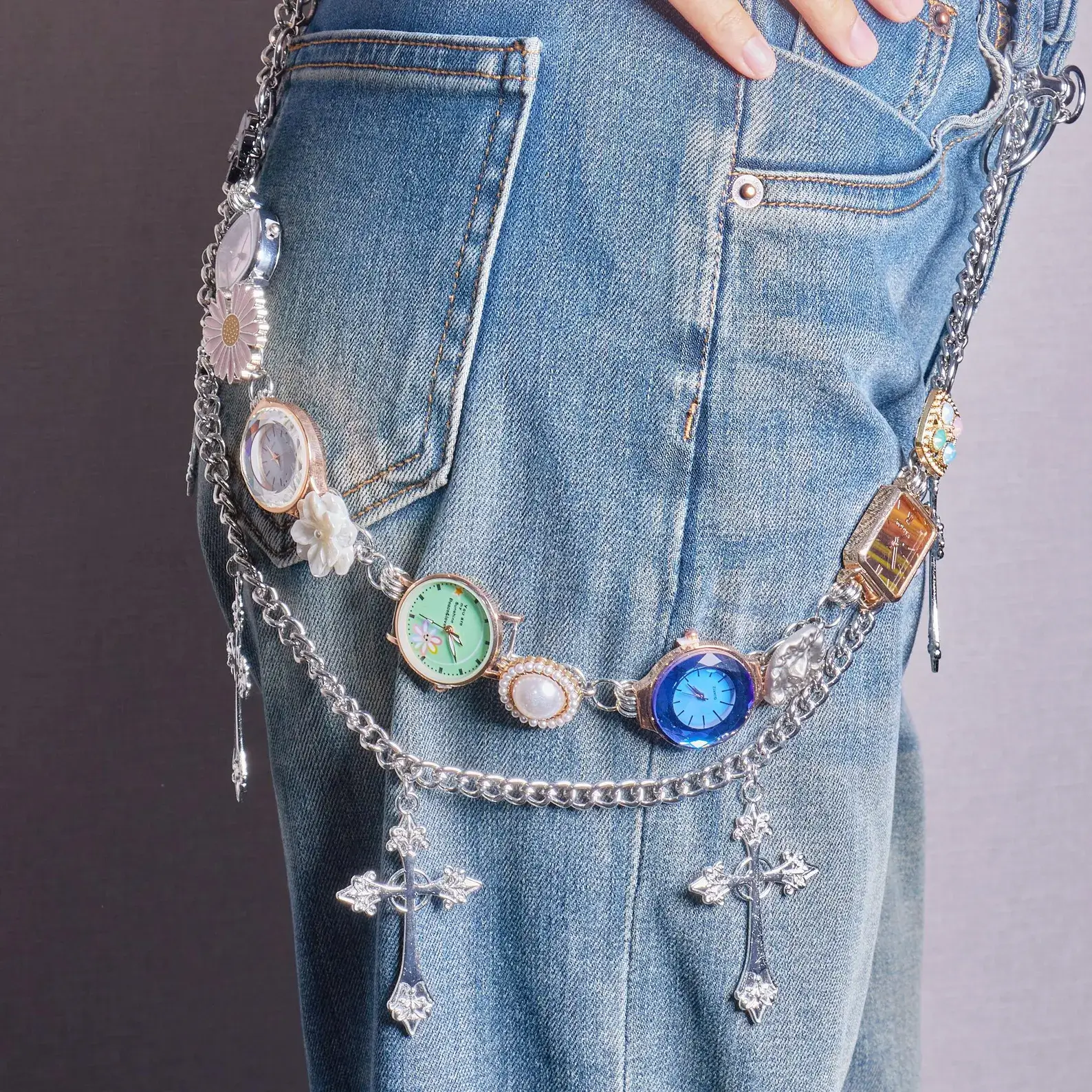 titanium y2k style watch pants chain cyberpunk streetwear jewelry