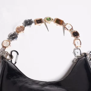 Hailey Bieber inspired minimalist titanium watch bag chain: Sleek, thin silver titanium chain with a subtle clasp, shown worn as a delicate watch strap and attached to a designer bag, embodying modern minimalist chic.