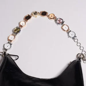 Instagram fashion cyberpunk watch bag chain: Futuristic silver and black chain with geometric or circuit-inspired links, glowing LED accents (optional), worn as a bold watch strap and attached to a transparent techwear bag, capturing the essence of digital-age street style.