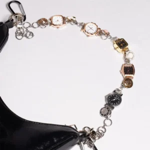 Adjustable stainless steel watch bag chain: Close-up of a durable silver stainless steel chain with a secure lobster clasp and multiple link connection points, shown worn as a watch strap and attached to a bag, highlighting its versatile and functional design.