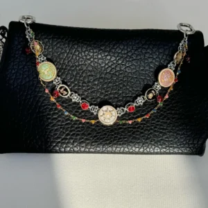Women's layered handbag charms chain – elegant multi-row decorative pendant with sparkling silver links, perfect for accessorizing purses and tote bags.