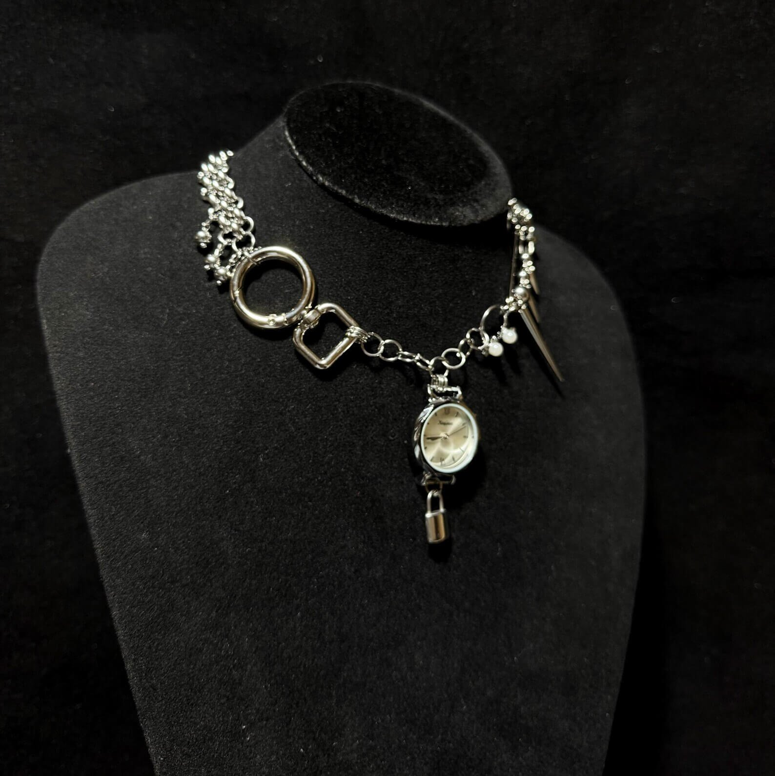 Classic Silver Punk Crystal Watch Pendant Necklace stylish watch choker necklace