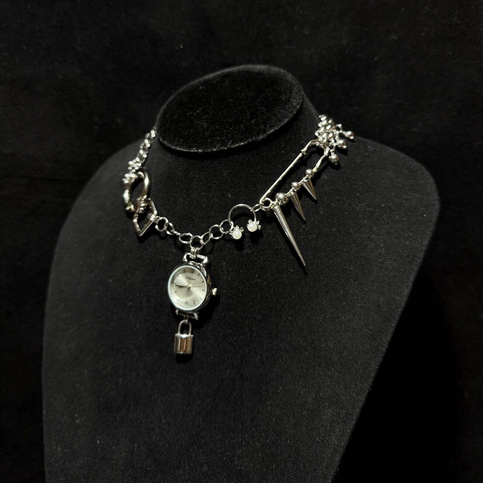 Classic Silver Punk Crystal Watch Pendant Necklace stylish watch choker necklace