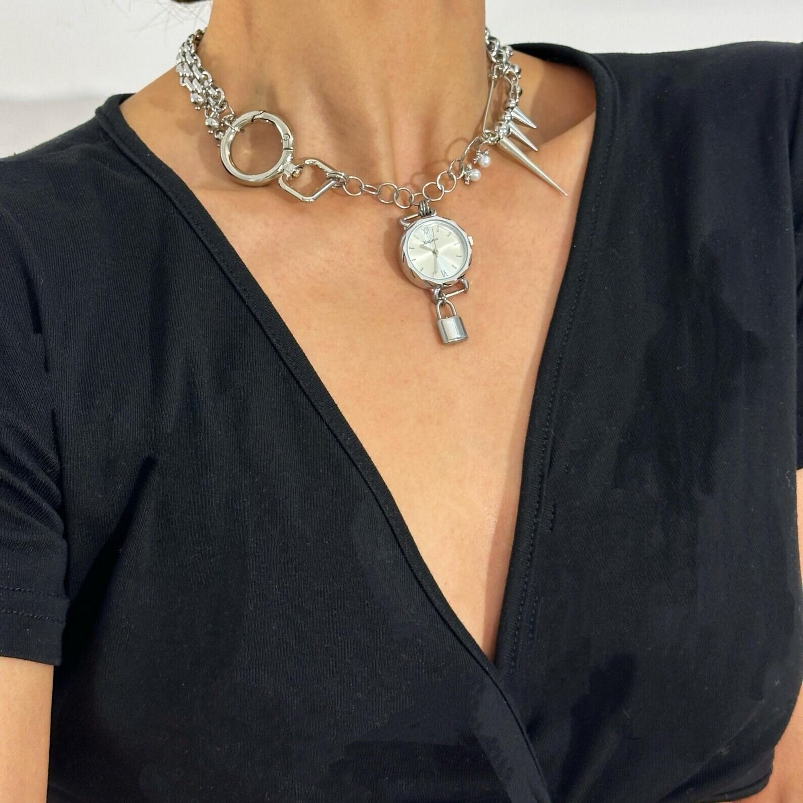 Classic Silver Punk Crystal Watch Pendant Necklace stylish watch choker necklace