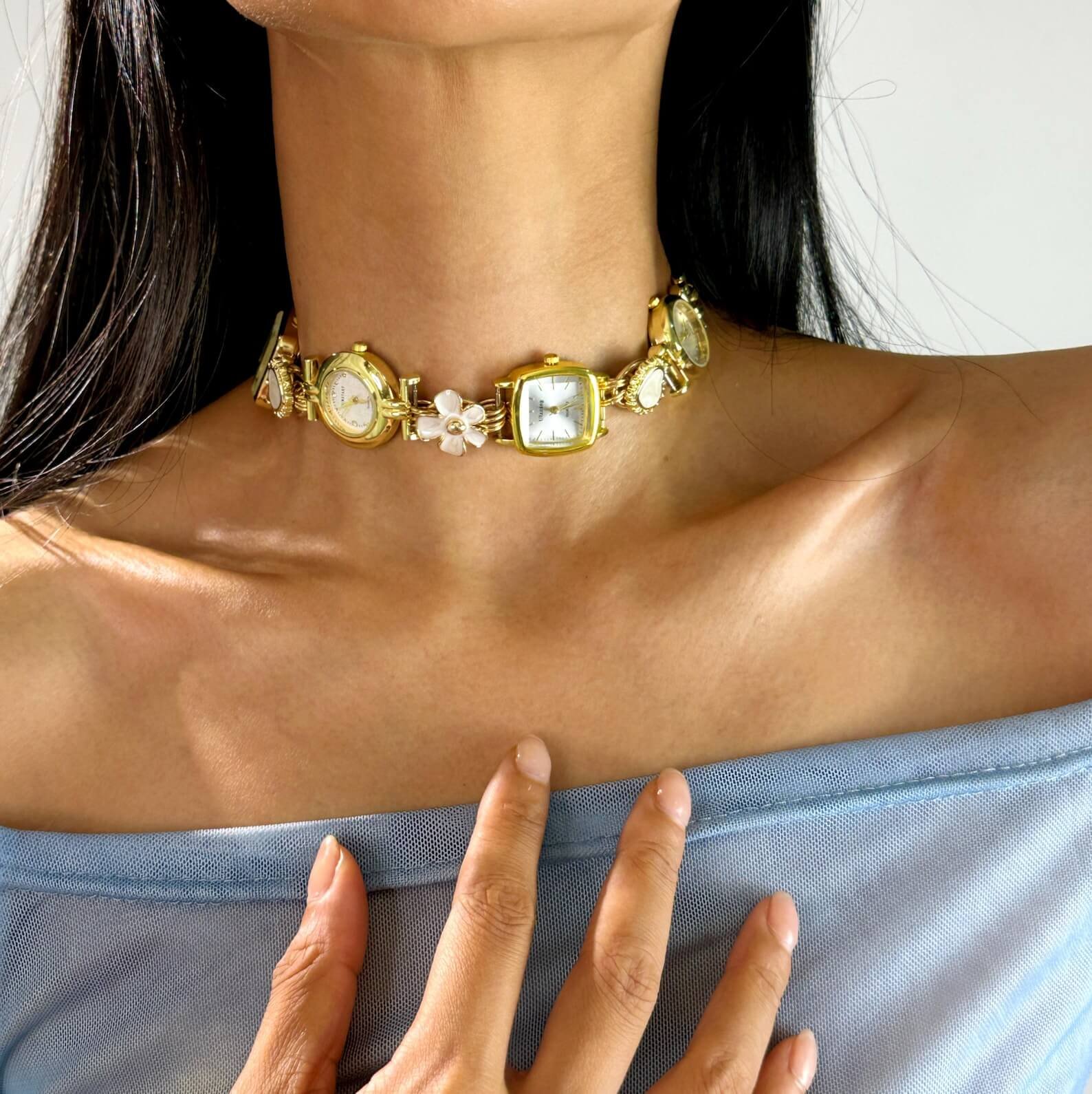Elegant Pearl Crystal Handmade Neon Cyber Watch Pendant Necklace stylish watch choker necklace