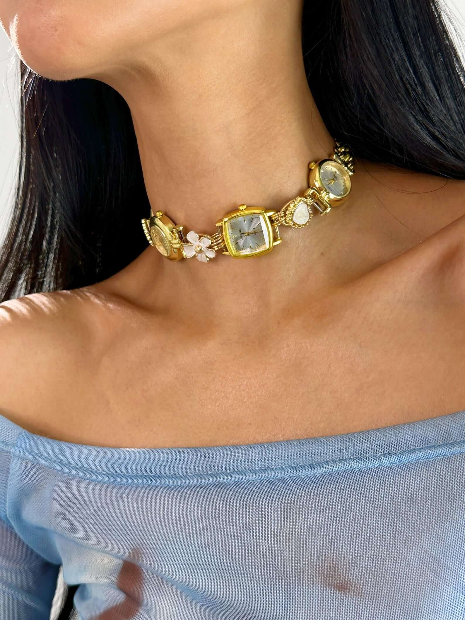 Elegant Pearl Crystal Handmade Neon Cyber Watch Pendant Necklace stylish watch choker necklace