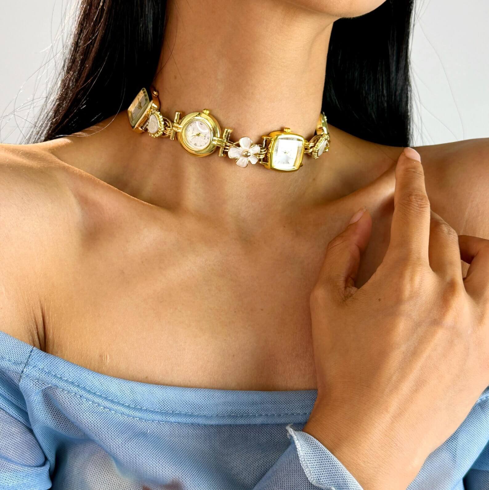 Elegant Pearl Crystal Handmade Neon Cyber Watch Pendant Necklace stylish watch choker necklace