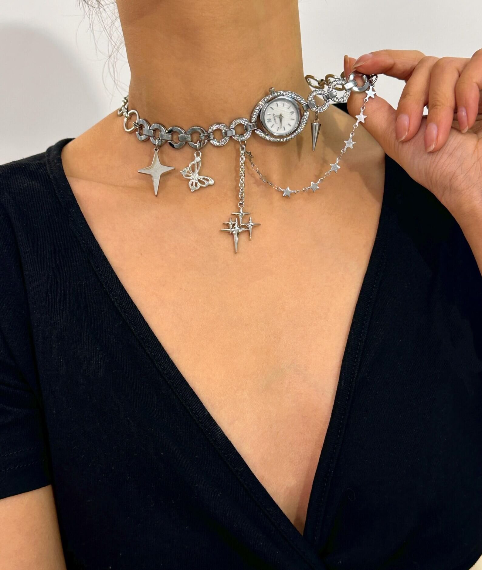 Luxury Chrome Cyberpunk Punk Handmade Multi-layer Watch Necklace stylish watch choker necklace