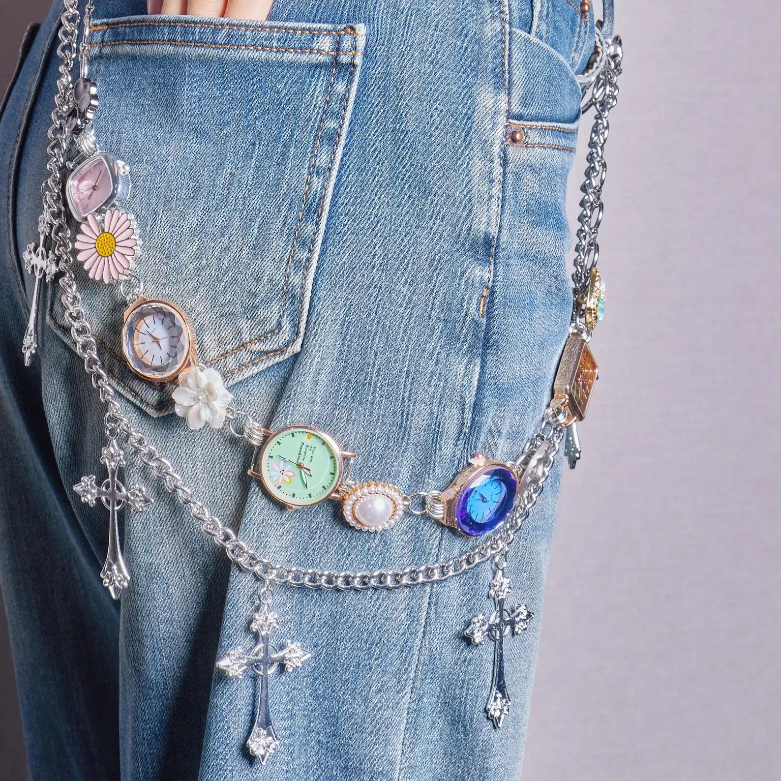 titanium y2k style watch pants chain cyberpunk streetwear jewelry