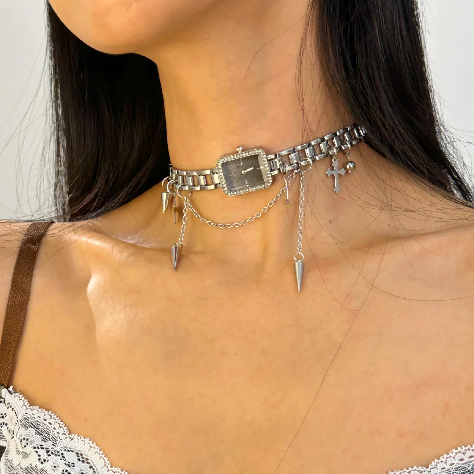 Trendy Y2K Neon Cyberpunk Punk Handmade Multi-layer Watch Necklace stylish watch choker necklace