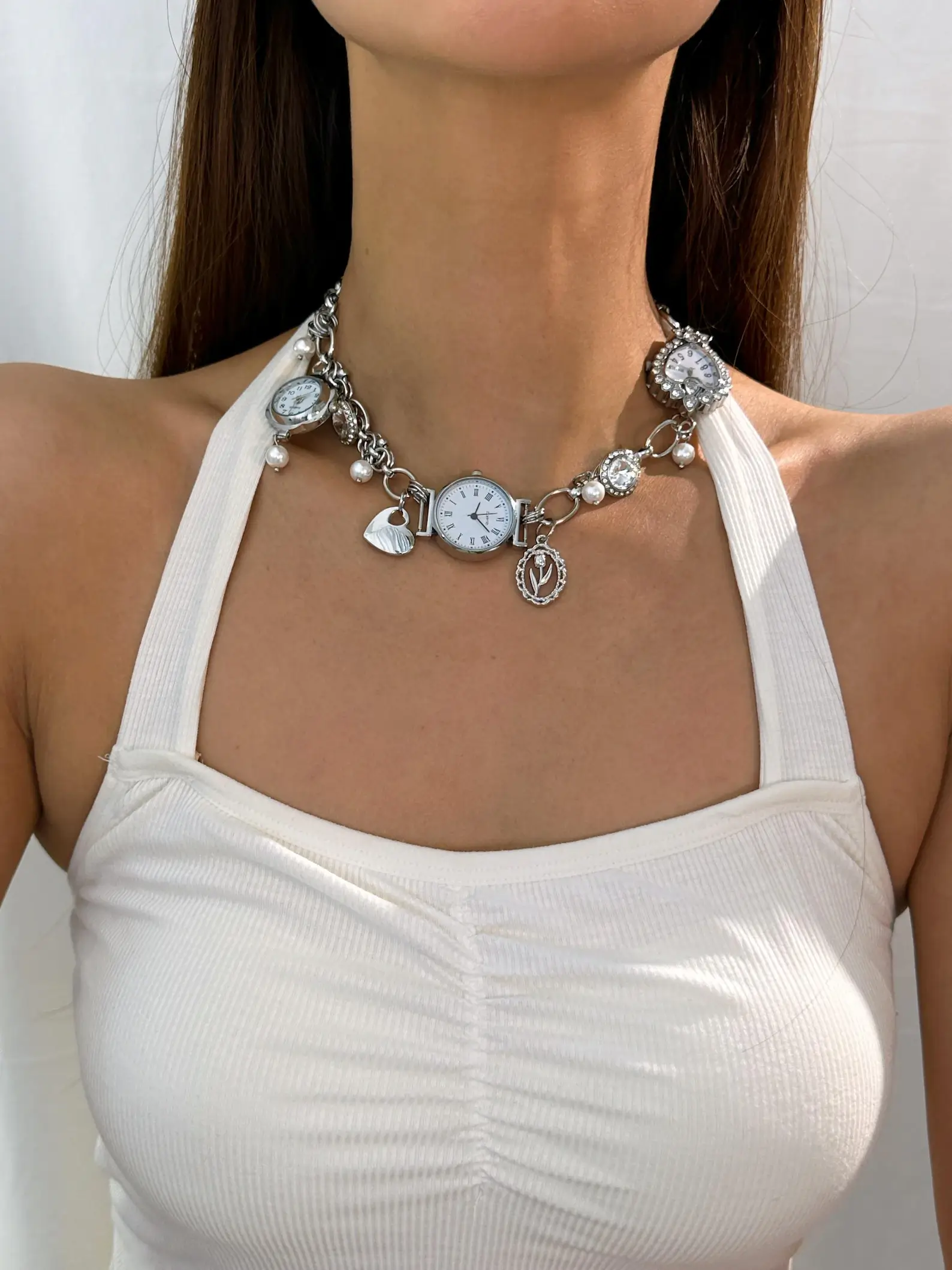 Elegant Pearl Crystal Handmade Watch Pendant stylish watch choker necklace
