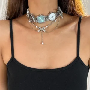 Luxury Chrome Punk Watch Necklace stylish watch choker necklace