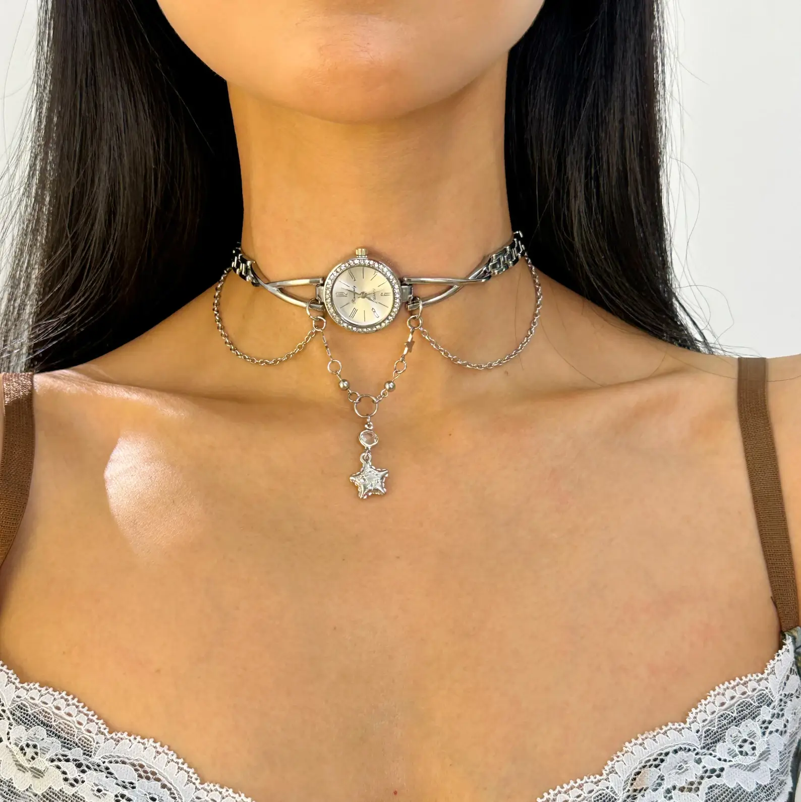 Trendy Y2K Neon Cyberpunk Punk Handmade Multi-layer Watch Necklace stylish watch choker necklace