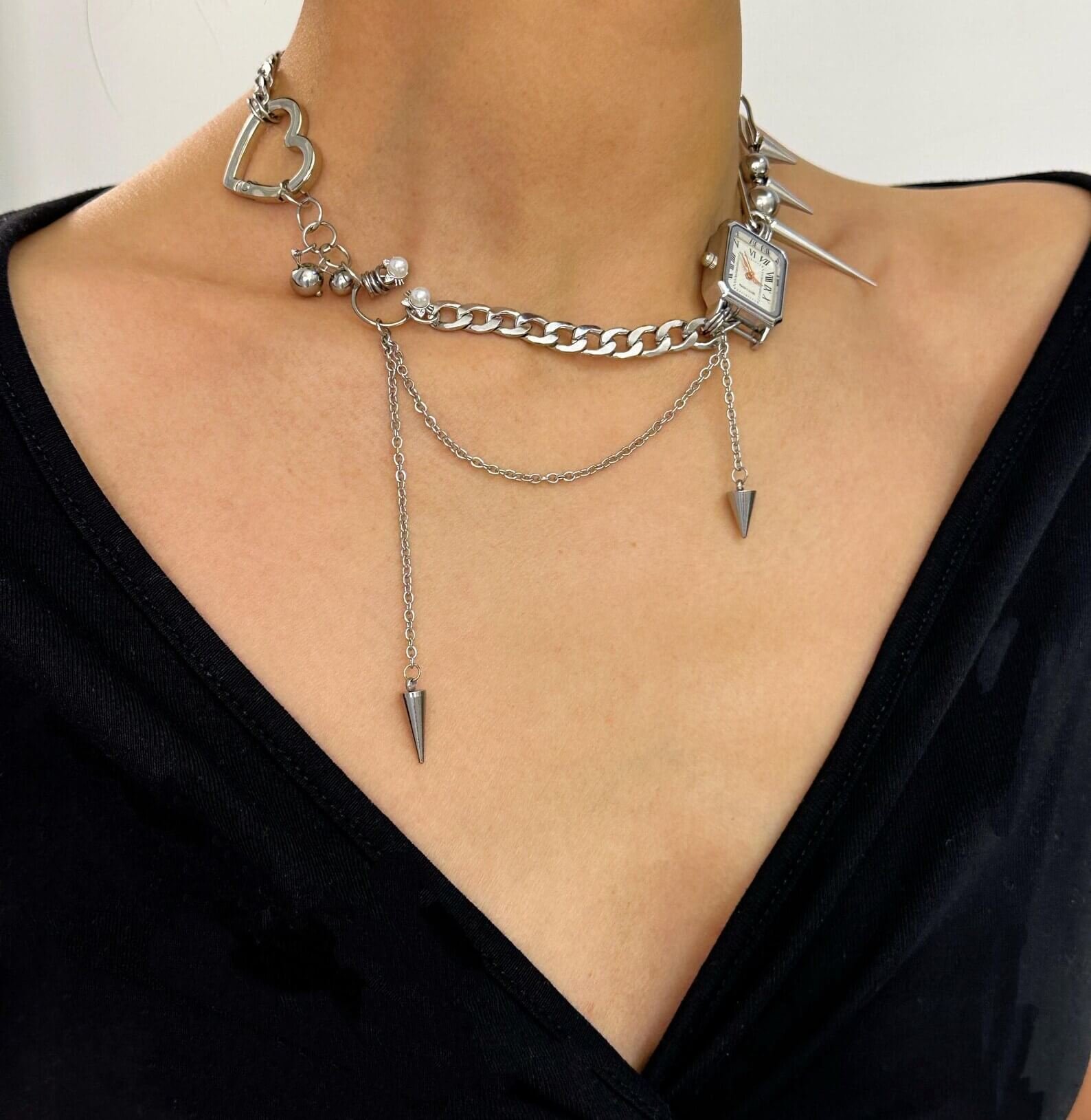 Boho Handmade Multi-layer Punk Neon Cyber Silver Watch Necklace stylish watch choker necklace