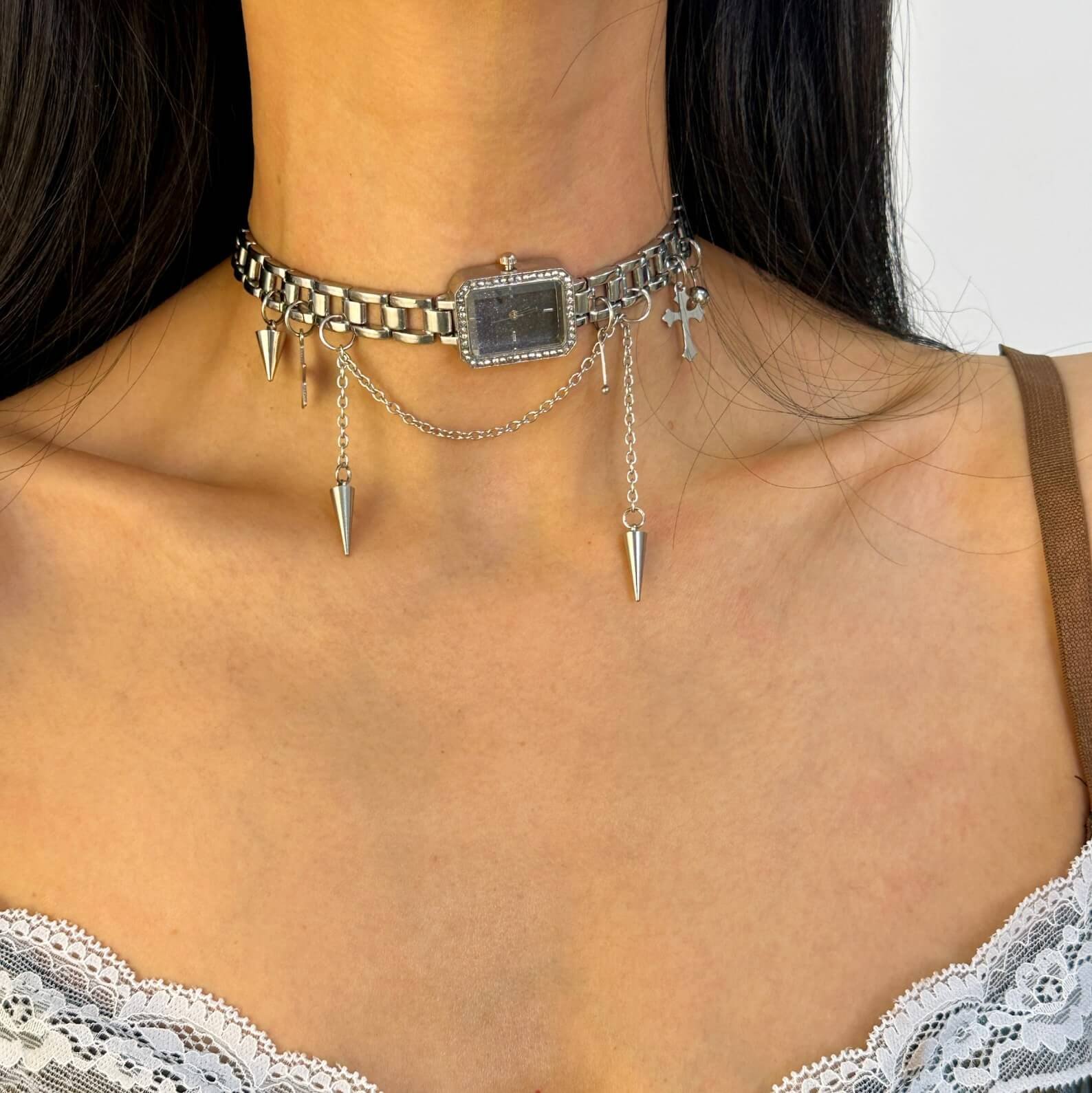 Trendy Y2K Neon Cyberpunk Punk Handmade Multi-layer Watch Necklace stylish watch choker necklace